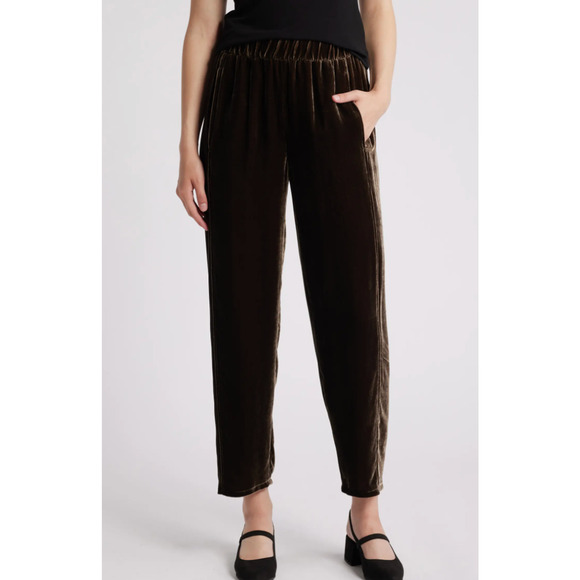 $288 Eileen Fisher Velvet Pull-On Lantern Ankle Pants | Sz M, Wren Brown - Picture 1 of 5